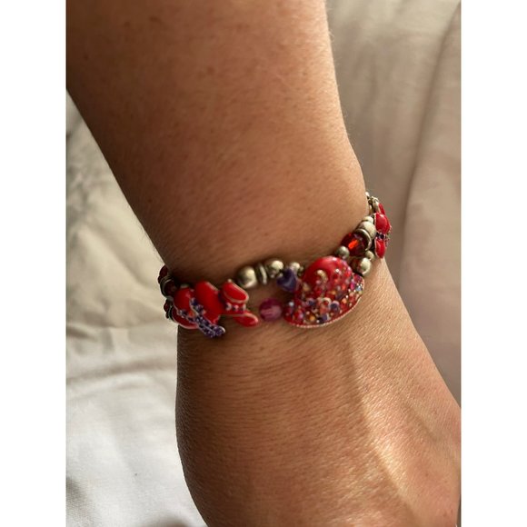Vintage Silver Tone/Red/Purple Enamel Rhinestone Hat Charm/Bead Stretch Bracelet - Picture 2 of 12